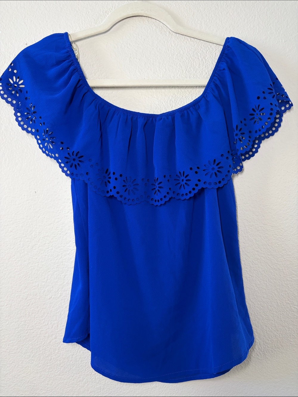iris Royal Blue Off-Shoulder Laser-Cut Ruffle Blouse